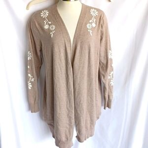 Aaeda Open Cardigan Sweater Tan White Embroidered Floral Sz XL, 22" PTP, 30" L